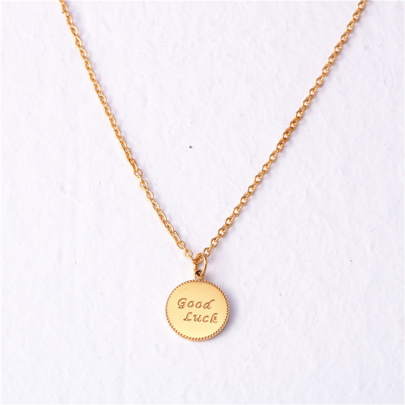 项链-钛钢14k金首饰 韩国进口饰品 颈饰 good luck凌边字母圆片锁骨链