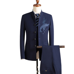 2018男士中国风立领刺绣西装三件套外贸男式单排扣西服套装男西服