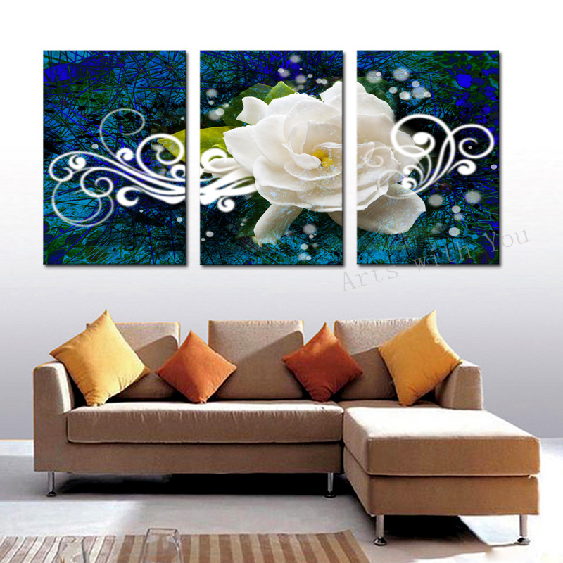 高清喷绘画 客厅装饰画壁画卧室画三联蓝底白花现代油画 跨境货源