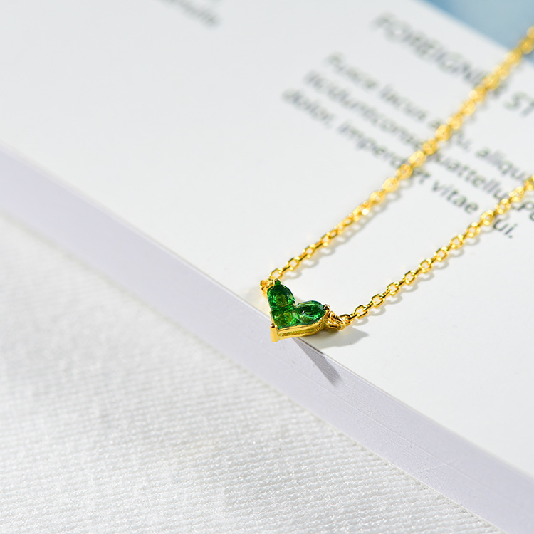 纯银s925电镀18k黄金绿宝石爱心绿刚玉宝石镶钻项链耳钉戒指手链