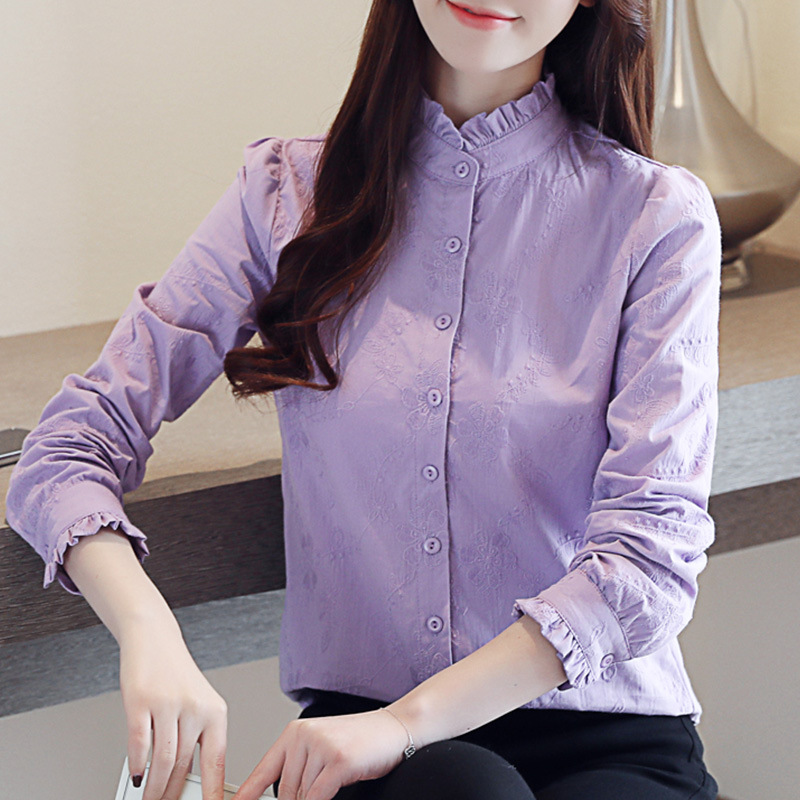 秋冬春新款纯棉加绒衬衫女长袖韩版修身木耳立领气质打底衫白衬衣