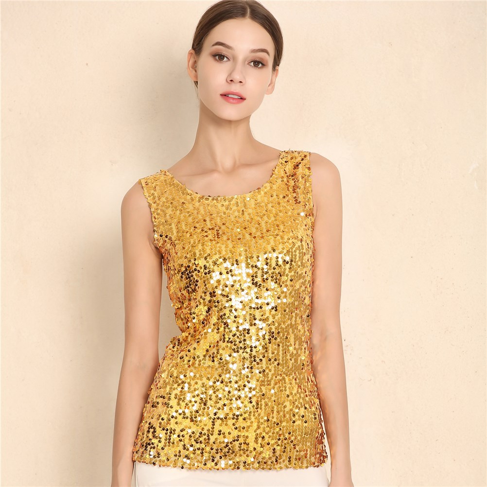 欧美百搭珠片刺绣打底衫大码亮片背心吊带女上衣s-xxxl