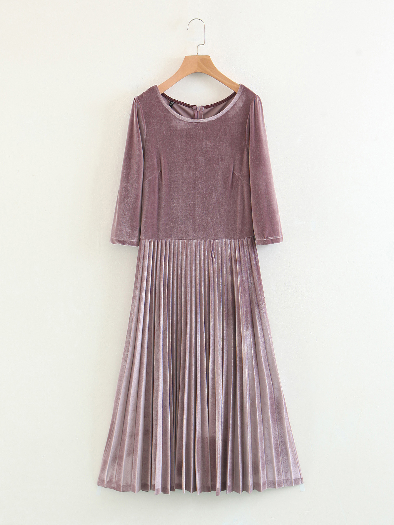 欧美2018春装新款圆领丝绒修身五分袖百褶连衣裙紫色大摆a字长裙