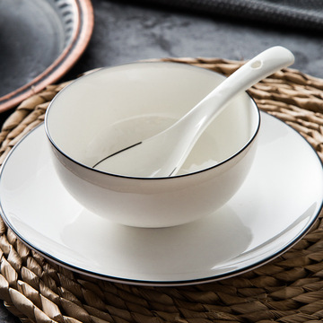 简约酒店陶瓷碗饭碗汤碗骨碟定制批发餐厅餐具黑边盘碗勺三件套