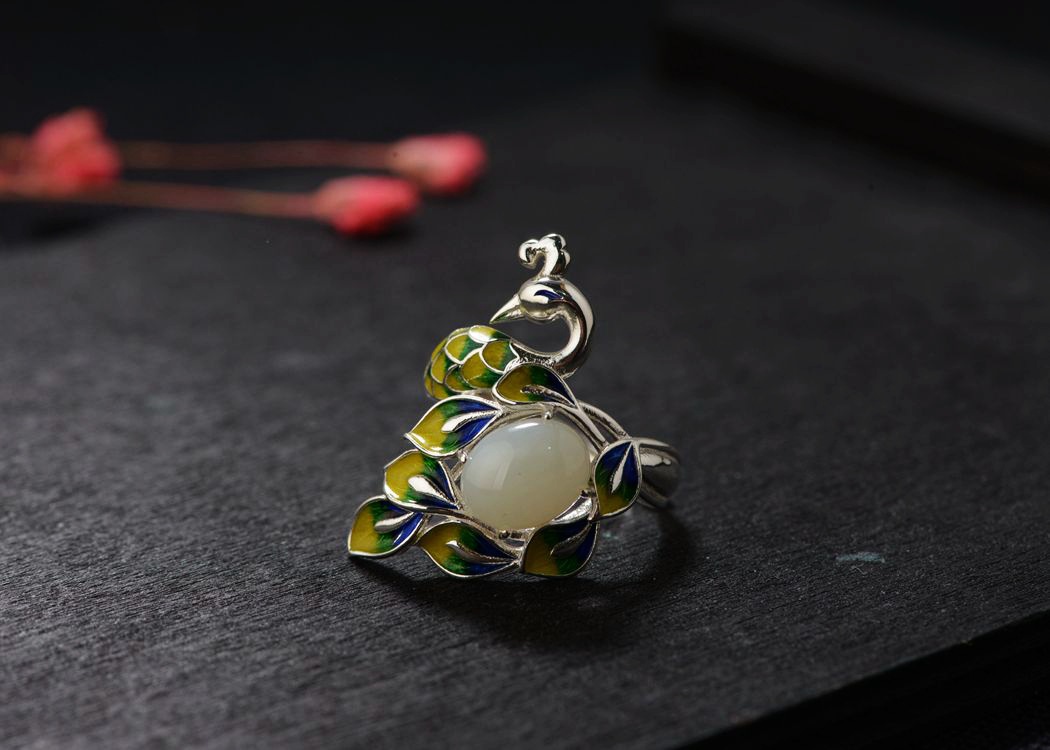 金鹿王s925银景泰蓝银饰品镶石戒指批发开口女款凤凰孔雀银饰指环