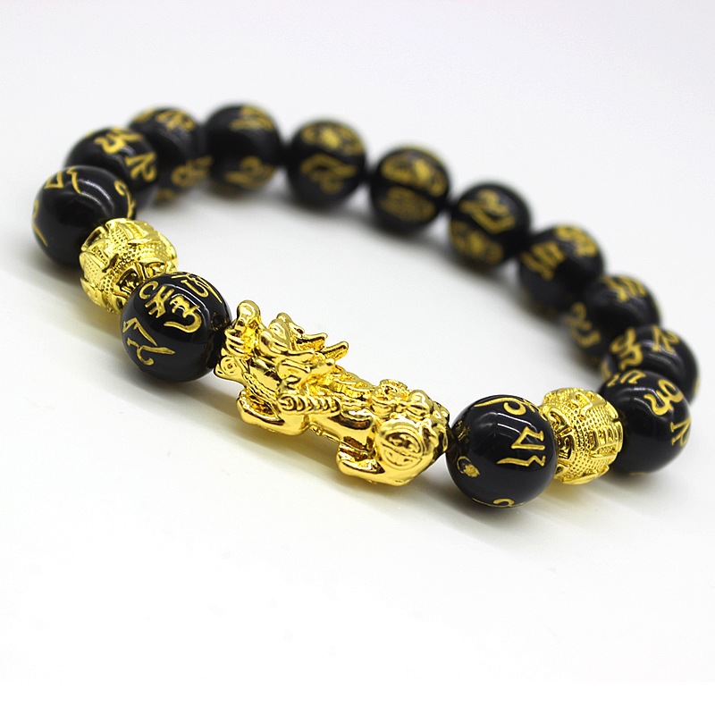 Imitation Obsidian Gilt Pixiu Bracelet Men's and Women's Six-Word Proverb Buddha Beads Bracelet Cross-Border Sold Jewelry Factory Wholesale