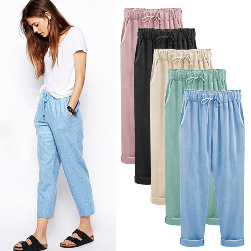 spring and summer plus size cotton and linen trousers women‘s cropped pants plus-sized plus size 100.00kg plump girls loose thin linen
