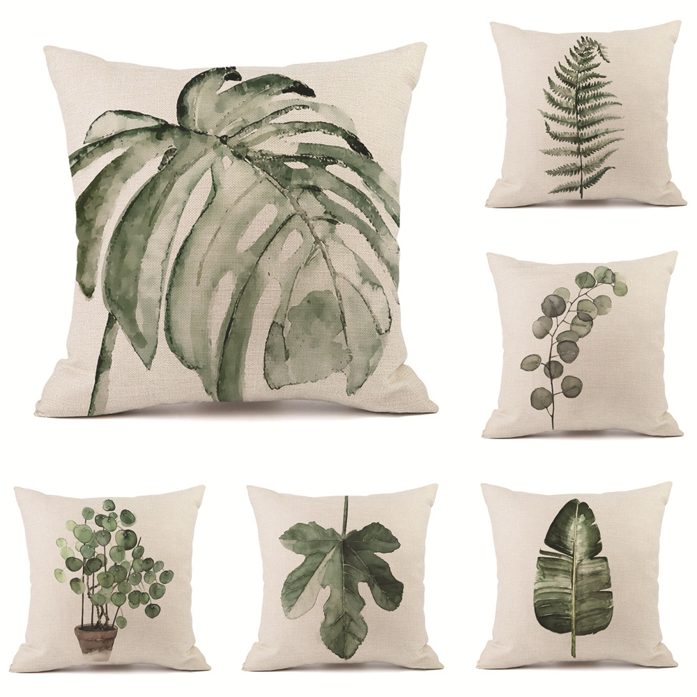 Fresh Natural Ink Painting Pillow Simple Modern Tropical Plants Green Plants Pillow Sofa Car Cushion