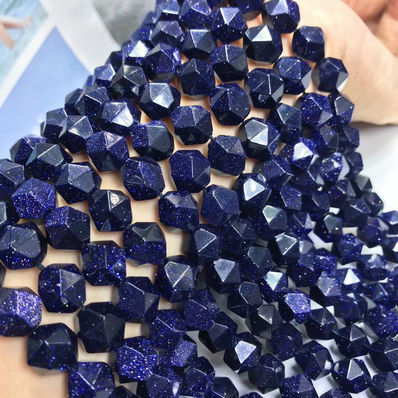 天然水晶 蓝砂石钻石面切面刻面散珠 蓝金砂半成品 手链项链配珠