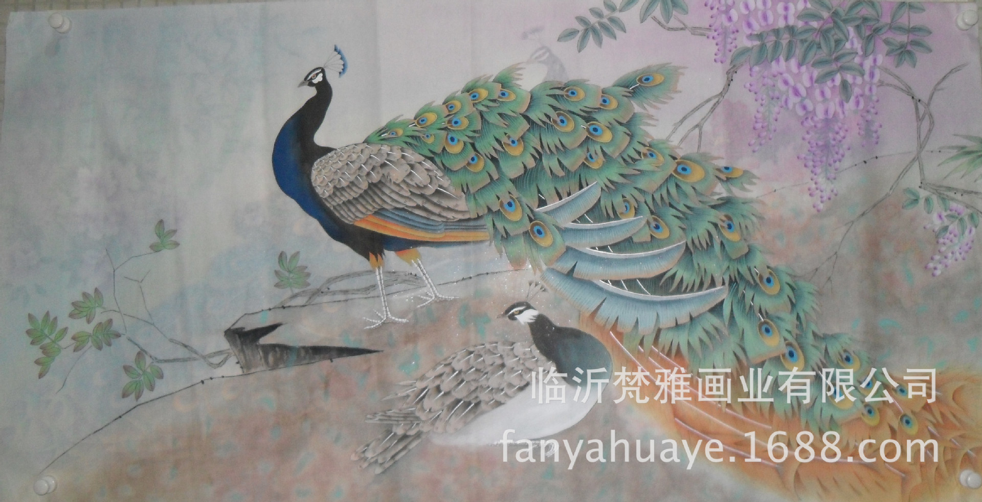 梵雅牌刘春红四尺纯手绘工笔牡丹紫藤竹子孔雀花鸟画 字画 装饰画