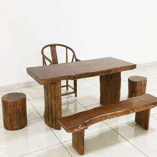 新中式茶桌椅组合原木大板桌实木功夫茶台泡茶桌圆木墩长条凳批发