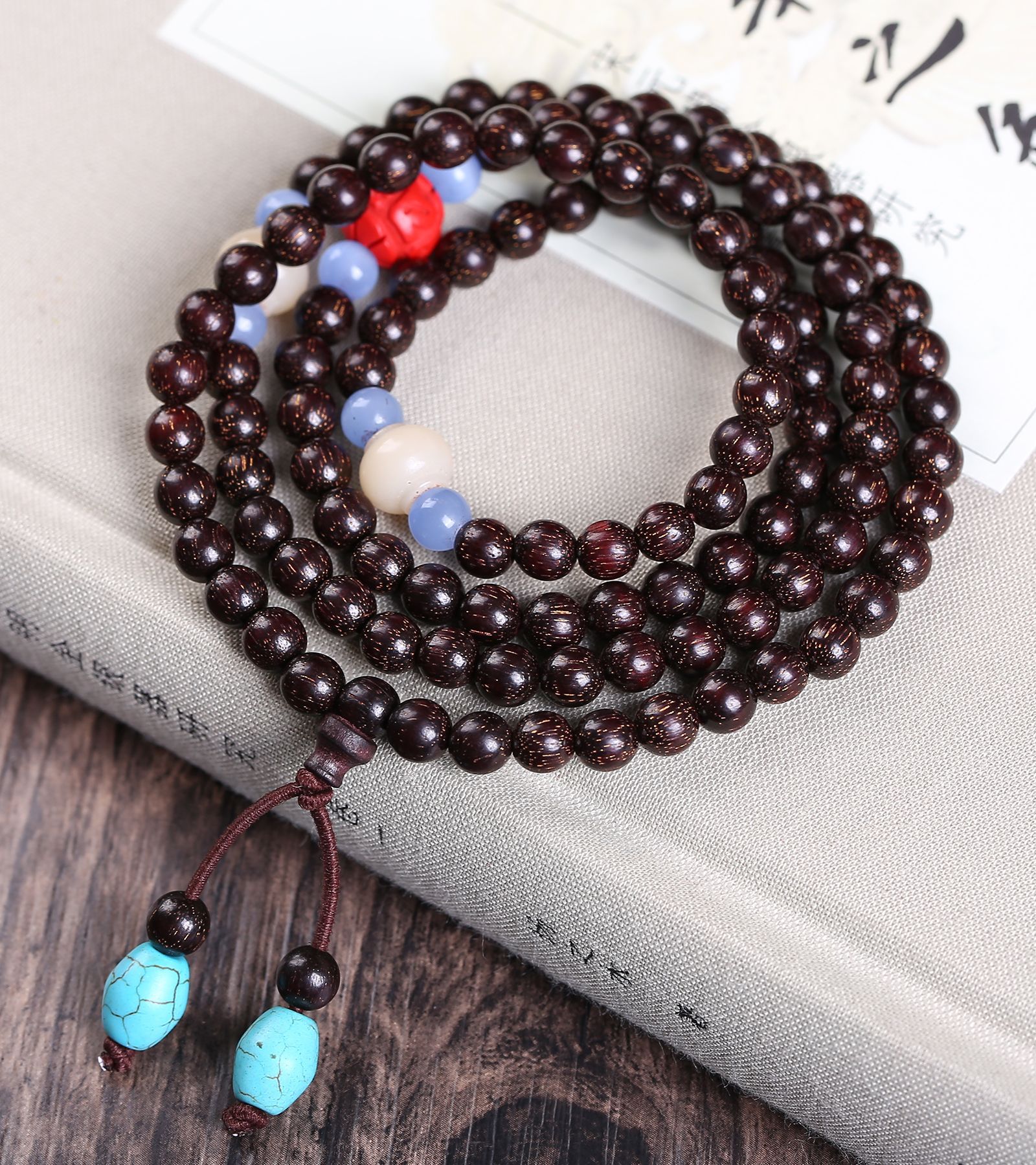 小叶紫檀6mm108颗手串搭配朱砂顶珠白玉菩提腰珠绿松石弟子珠