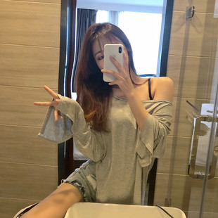 实拍网红心机女上衣露肩性感宽松长袖开叉t恤女2019春夏新款
