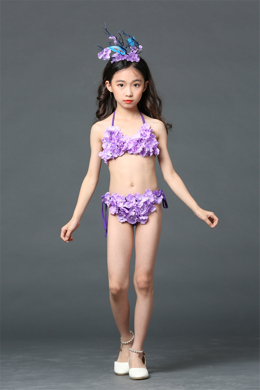 儿童走秀泳装带拖尾比基尼浅紫色花朵泳衣胸罩 三角裤女童比赛