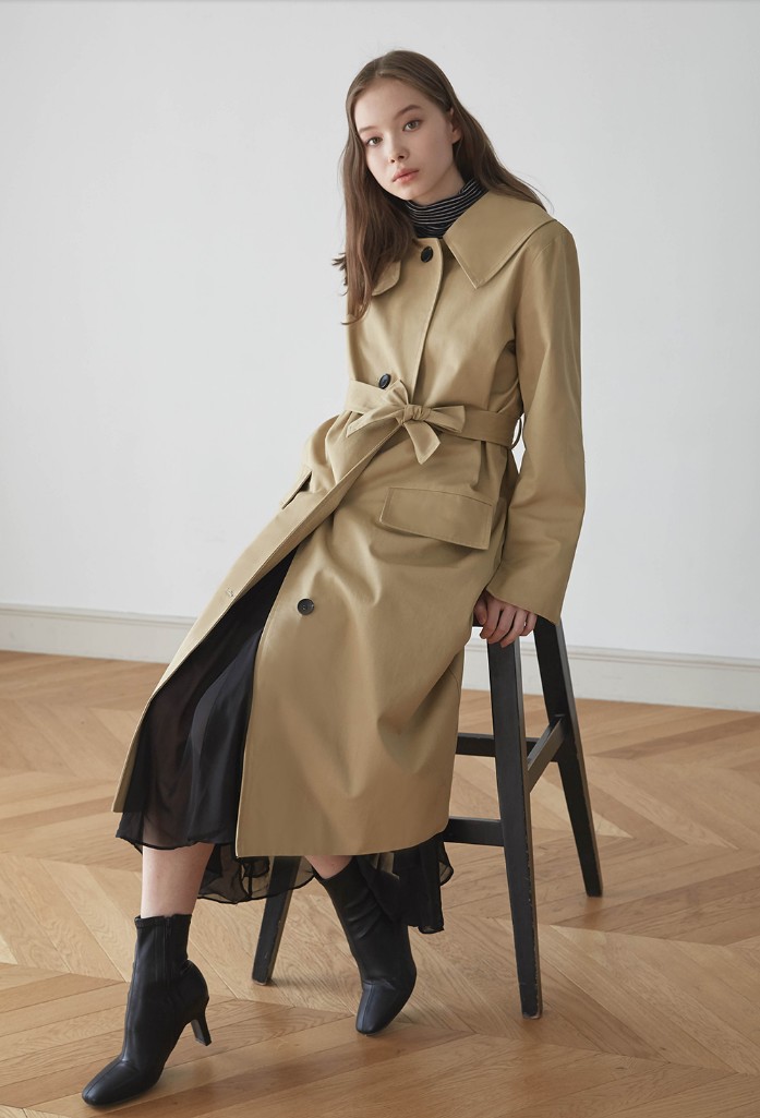 现货2020秋冬韩国东大门大领子纯棉休闲单排扣淑女白扣风衣可挽袖