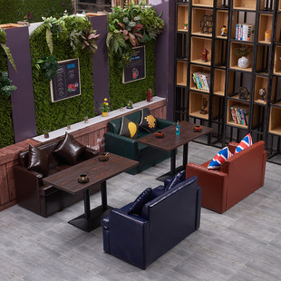 复古皮艺咖啡厅沙发音乐主题西餐厅双人沙发卡座酒吧沙发桌椅组合