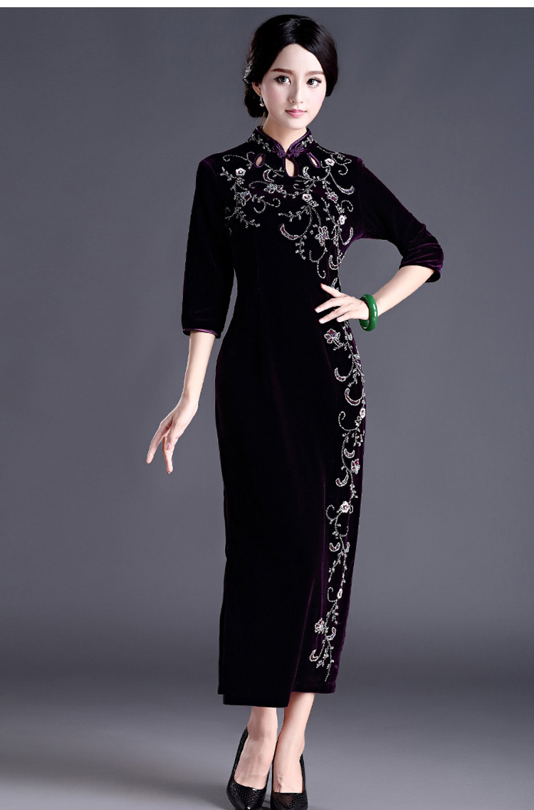 秋冬季妈妈装金丝绒长款旗袍 高档时尚复古结婚宴会旗袍礼服批发