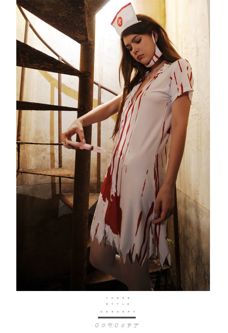 万圣节恐怖僵尸带血女囚犯扮演制服 幽灵化妆派对cos服装护士装