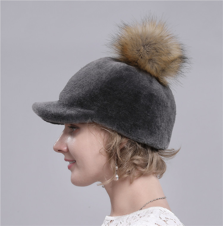 羊剪绒鸭舌帽秋冬季女士新款保暖真狐狸毛球皮草帽子批发