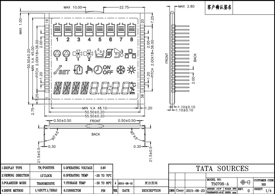 产品图纸工作温度:-20°c ~ 70°c背光颜色:               无工作