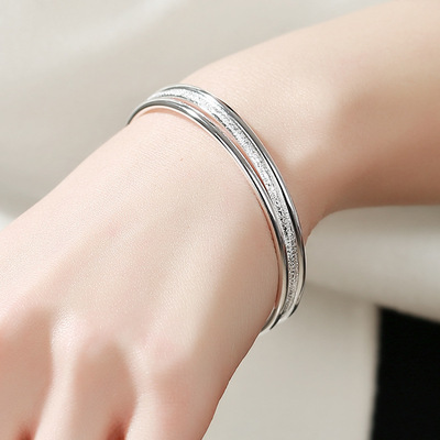 纯银s999年轻款三生三世银手镯女素银钉沙银镯子情人节七夕送女友