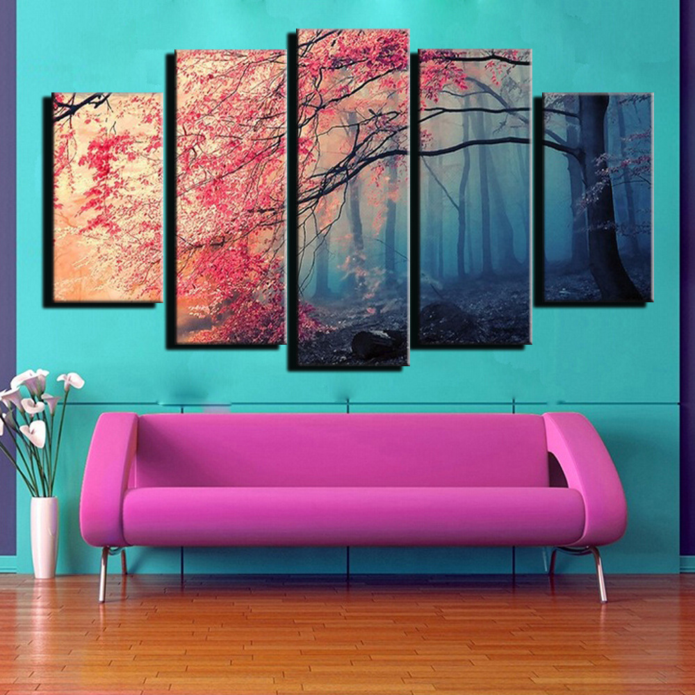 画谷批发喷绘油画装饰画五联梦幻粉红树林速卖通货源跨境货源爆款