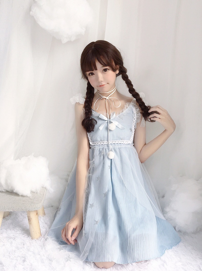 静悦坊少女软妹森女学生夏装可爱萌蕾丝清新小仙女星星吊带连衣裙