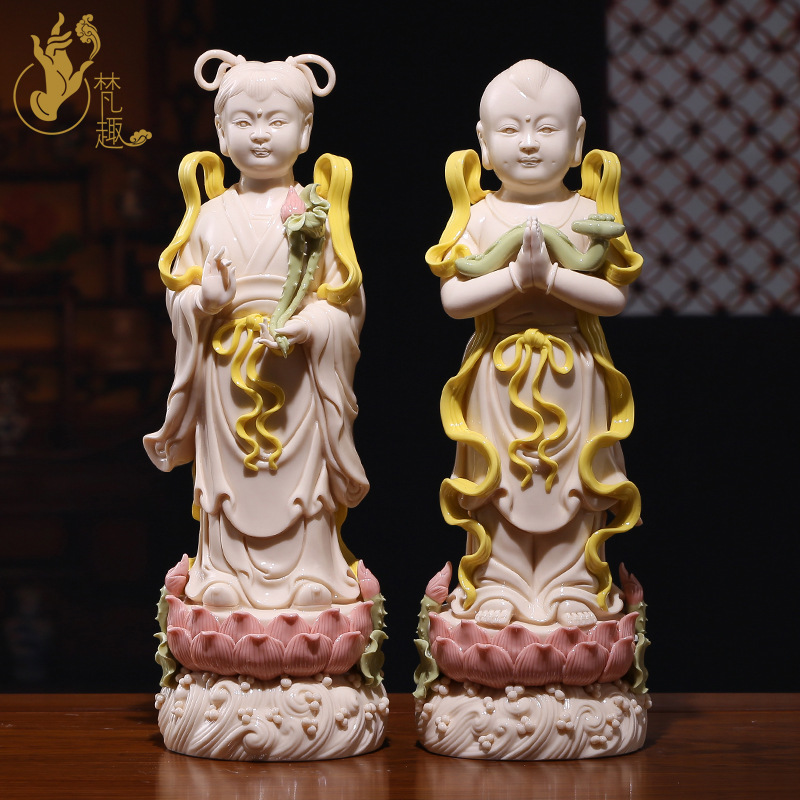 梵趣 金童玉女陶瓷观音菩萨佛像前招财摆件善财童子龙女对童-阿里巴巴
