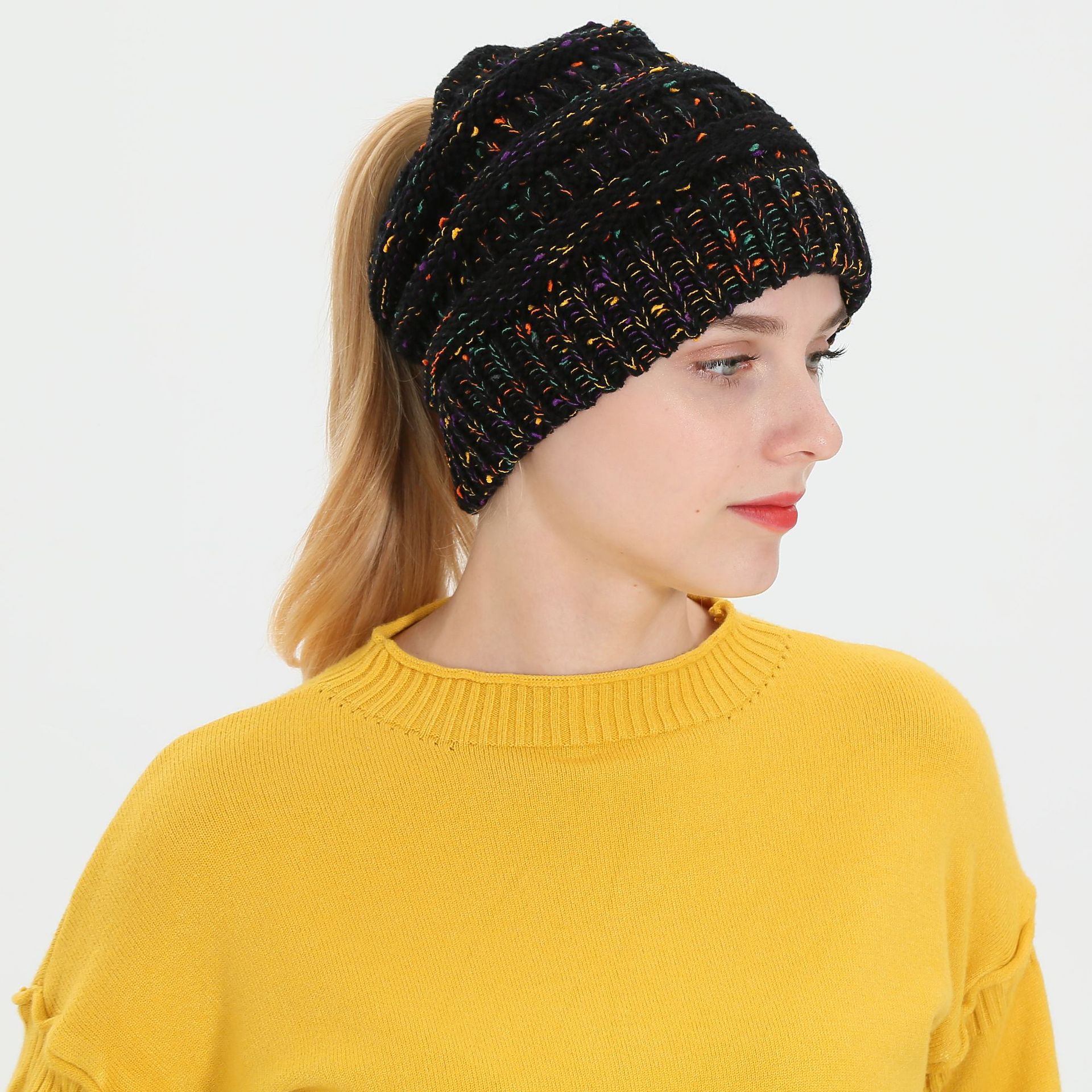 新款马尾帽子秋冬季毛线帽女士新款花线杂色帽子毛线针织帽