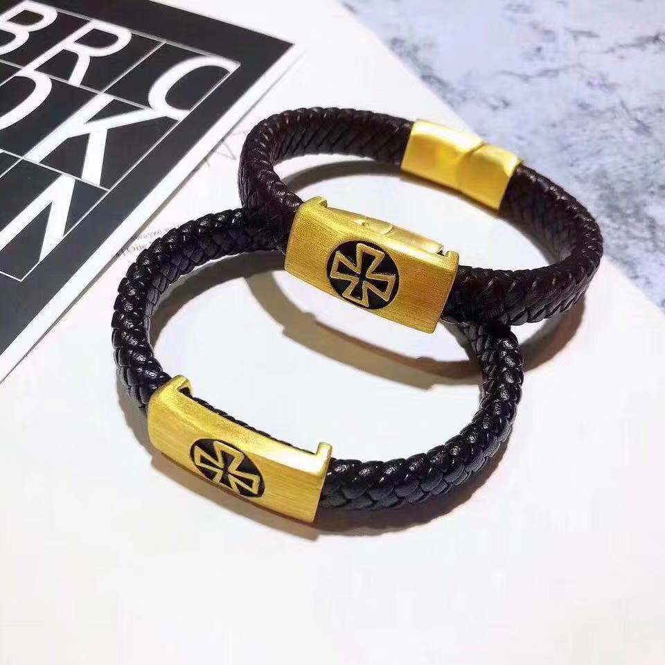 黄金首饰999足金蝙蝠金万福手牌黄金手链男24k纯金皮绳手环