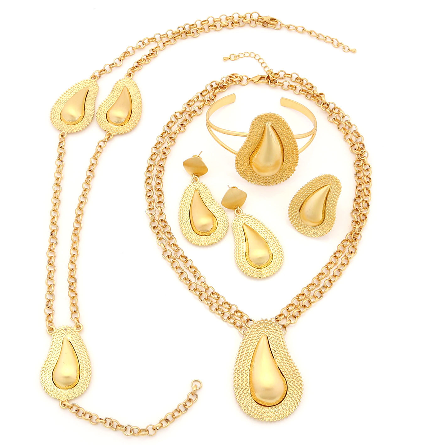 欧美电镀铜合金24k珠宝镶钻首饰项链手链额饰耳环戒指五件套