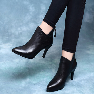 高跟鞋2018女靴秋冬季细跟短靴尖头真皮鞋新款春秋季小跟裸靴加绒