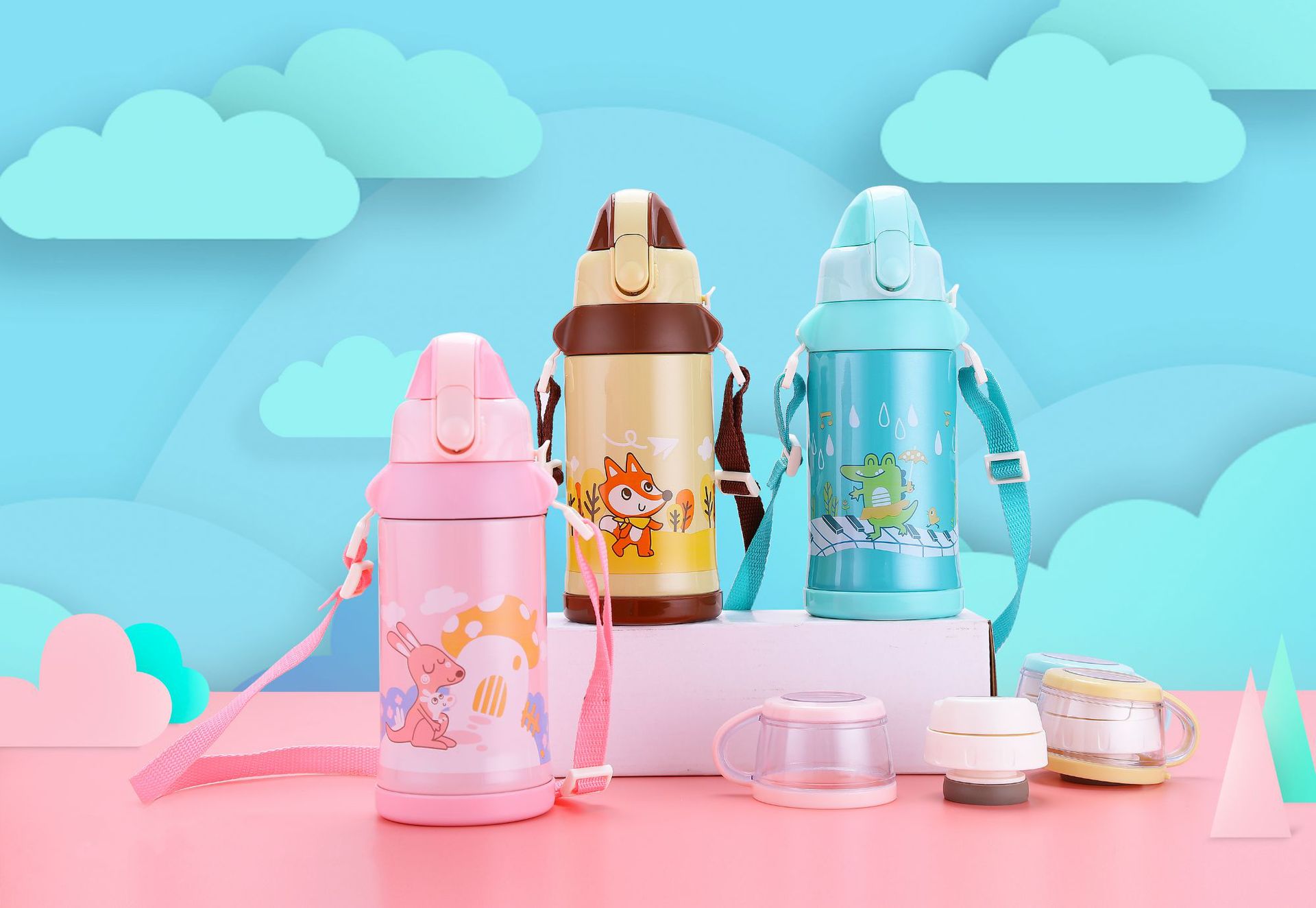 儿童保温杯304不锈钢水杯带吸管卡通挂脖水杯宝宝学生弹盖饮水杯