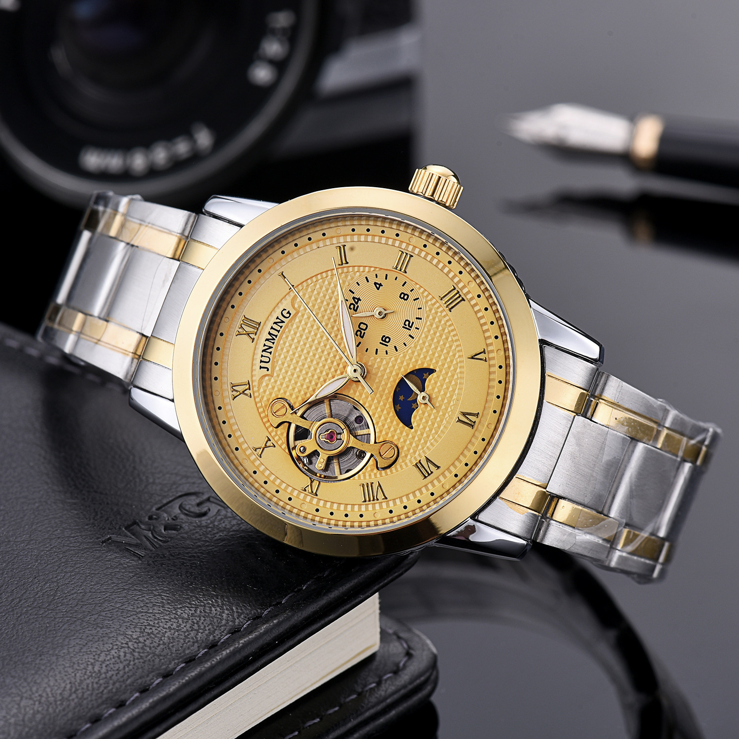 镂空飞轮全自动机械表日月星辰腕表男表防水钢带手表礼品表