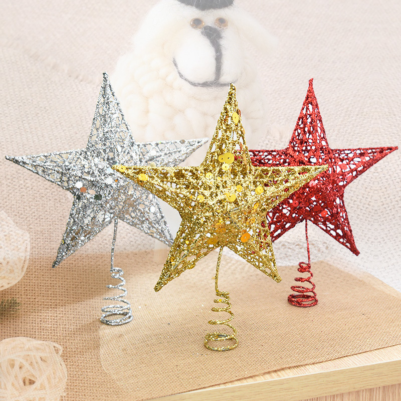 Christmas Decorations Wrought Iron Five-Pointed Star Tree-Top Star Christmas Accessories Pendant Sequins Glitter Tree-Top Star Cross-Border