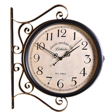 美式复古静音双面钟个性仿古创意两面时钟太阳机芯铁艺工艺时钟表