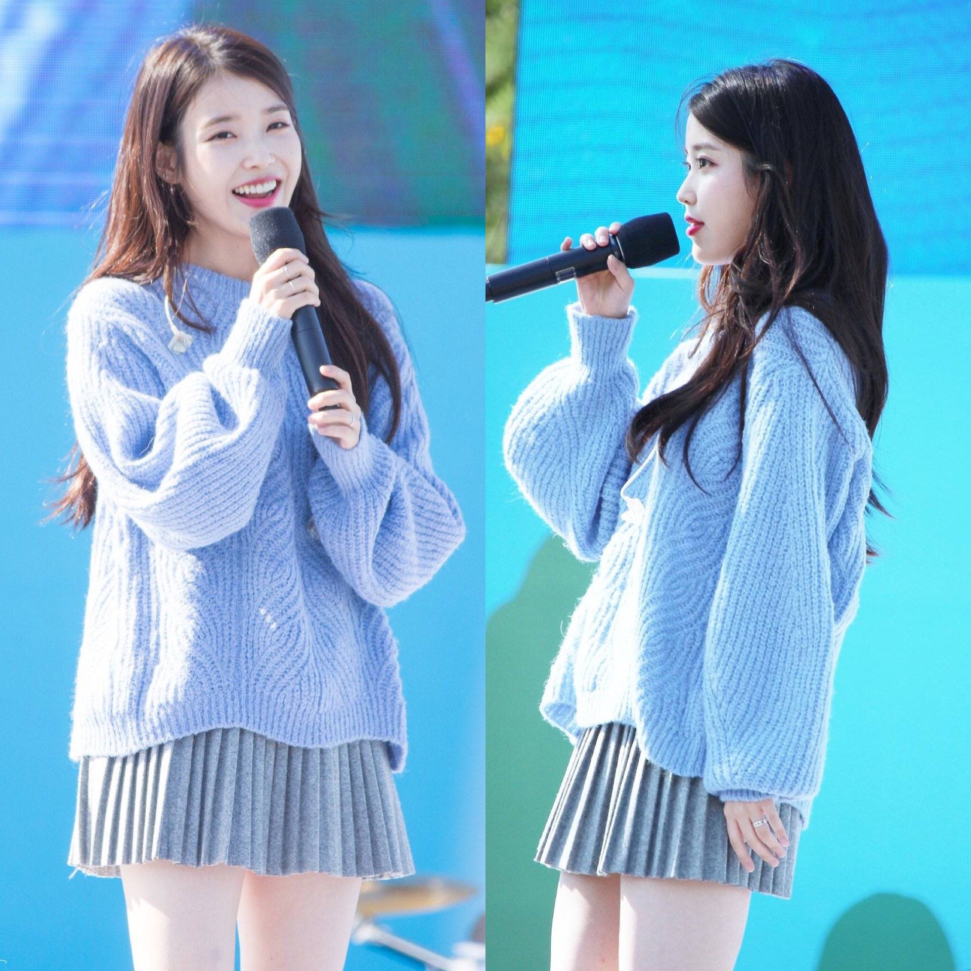 iu李知恩明星同款蓝色宽松韩版毛衣女开叉灯笼袖麻花针织衫女2018
