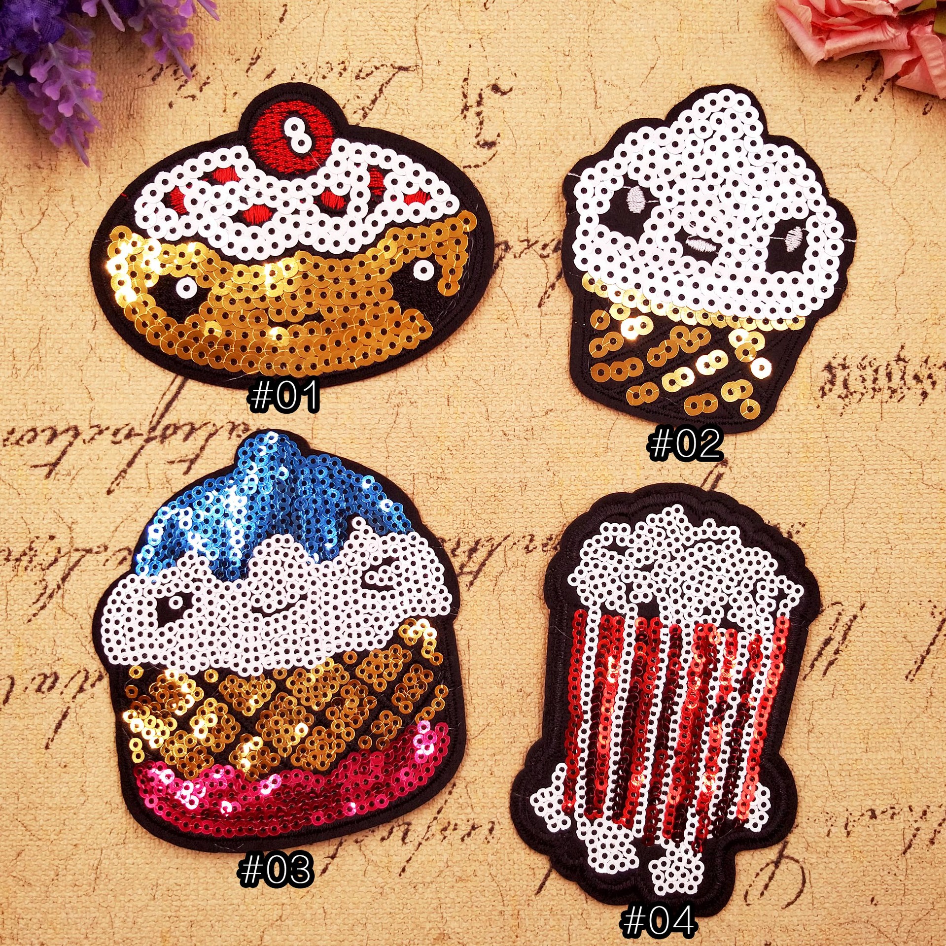 美食爆米花蛋糕图案 闪亮珠片绣花布贴 服饰鞋包搭配辅料厂家订制