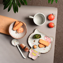 景德镇创意陶瓷餐具手绘粉色猫碗盘杯勺子套装可爱卡通甜品碟批发
