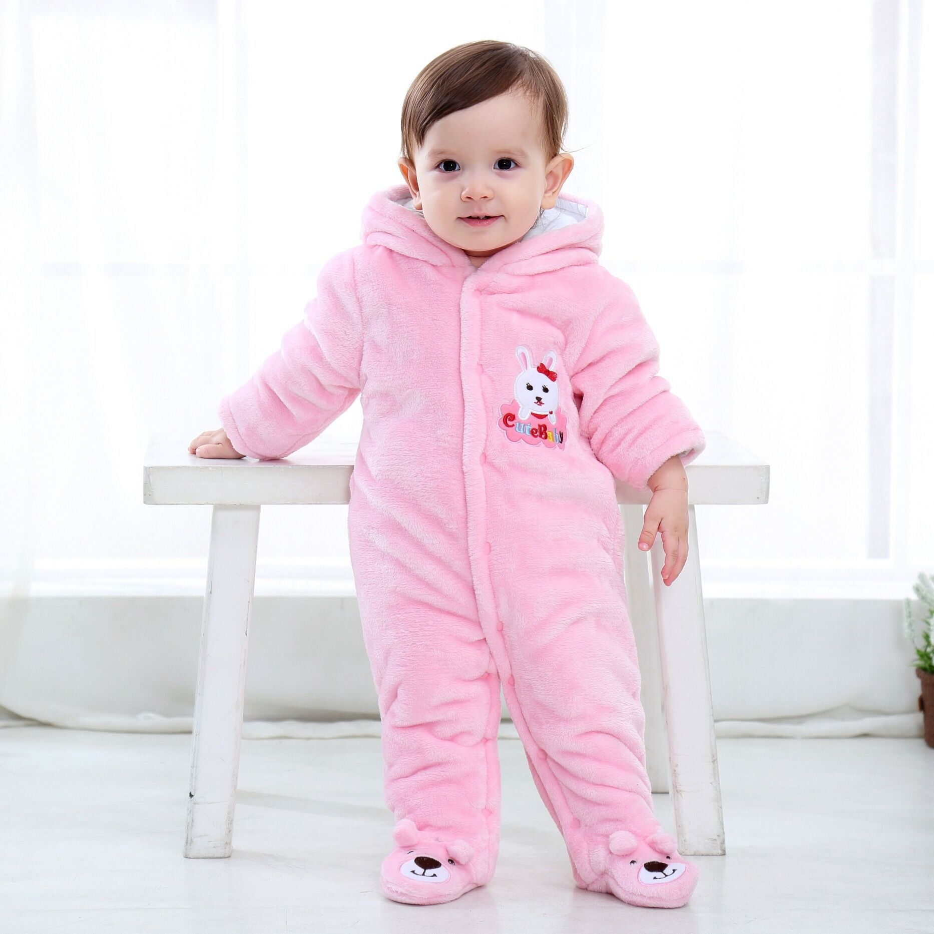 Factory Supply Hooded Romper Thickened Cartoon Baby's Romper Baby Jumpsuit Outwear Autumn and Winter Thickening