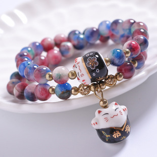 陶瓷招财猫波斯玉望夫石女式手串饰品批发 手链韩版天然串珠水晶