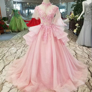 lss144 高领粉色立体花朵新娘婚纱礼服结婚敬酒服齐地绑带礼服裙