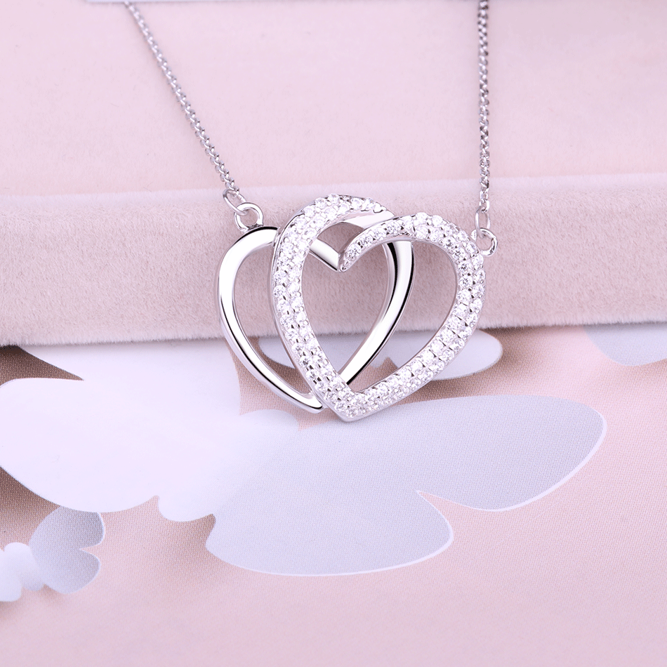 925纯银双爱心项链女微镶心形吊坠锁骨链流行项饰 新款日韩版直销