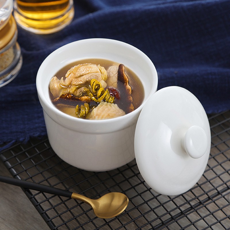 沙县餐厅陶瓷蒸笼炖盅骨瓷隔水带盖燕窝炖品4寸5寸炖盅logo订制