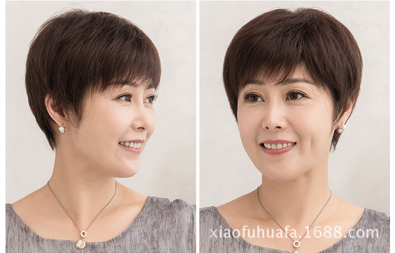 妈妈款假发头套 女士短直发型 碎发 中老年真人发丝假发头套 wigs