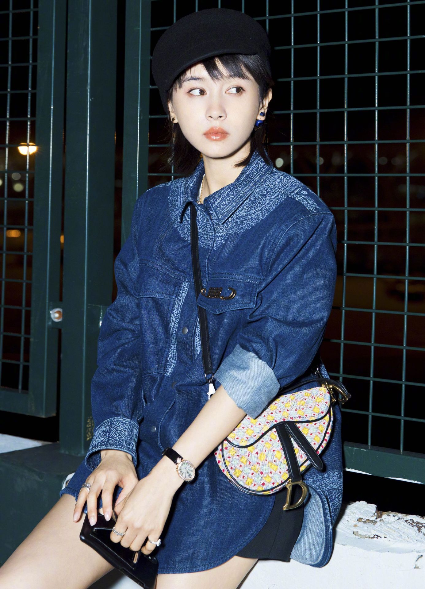 现货2020早秋新款王子文明星同款宽松长款印花牛仔衬衫潮