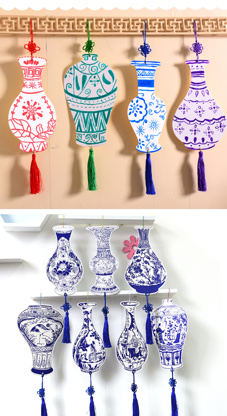 小学幼儿园教室走廊环境布置手工diy装饰品 中国风青花瓷图案纸盘