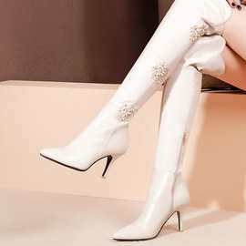 2018秋冬新款欧美真皮尖头细跟高跟米白色过膝长靴侧拉链高筒女靴
