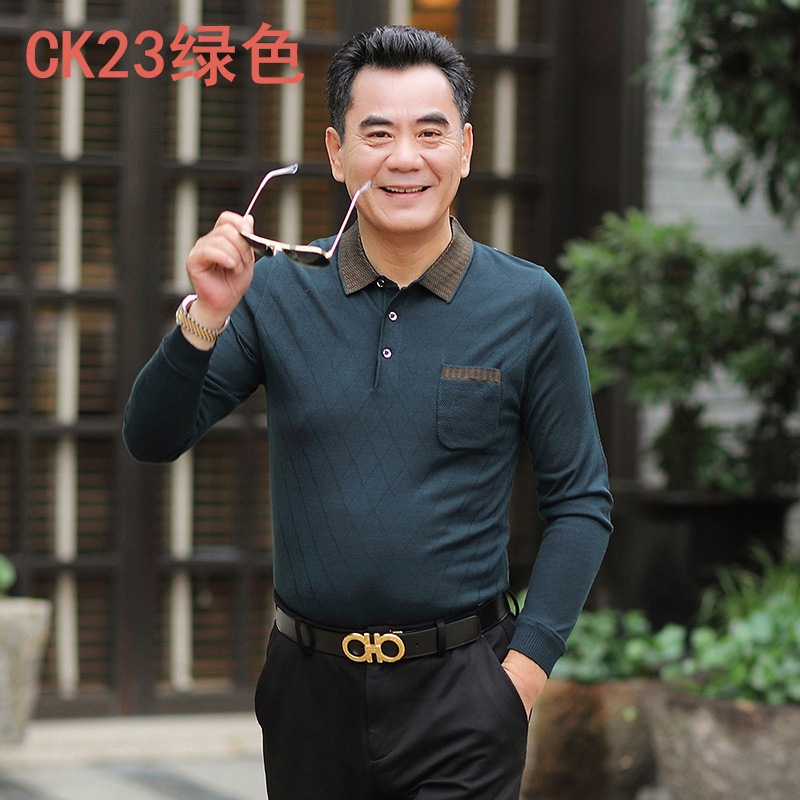 2023 Spring and Summer Men's Long-Sleeved T-shirt Thin Middle-Aged Men's Lapel Business Casual T-shirt One Piece Dropshipping