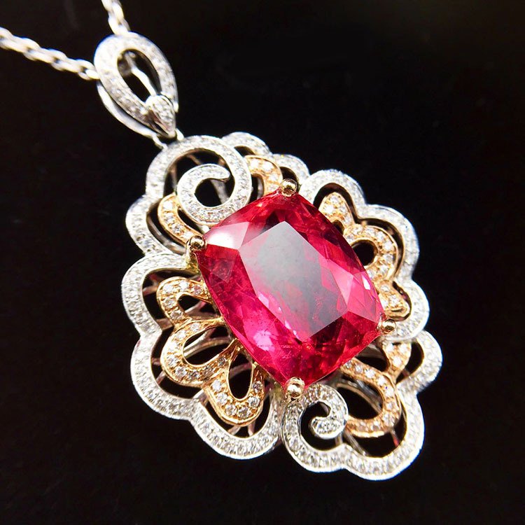 天然卢比莱双桃红碧玺18k双色金伴钻石镶嵌吊坠款式豪华饰品定制